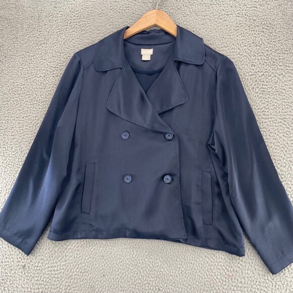 Chicos Jacket Womens 2 US Large Petite Navy Satin Double Breasted Washer Pocket - Picture 1 of 10